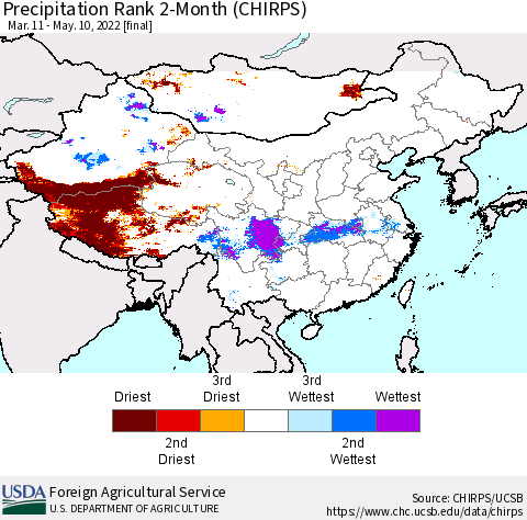 China, Mongolia and Taiwan Precipitation Rank since 1981, 2-Month (CHIRPS) Thematic Map For 3/11/2022 - 5/10/2022