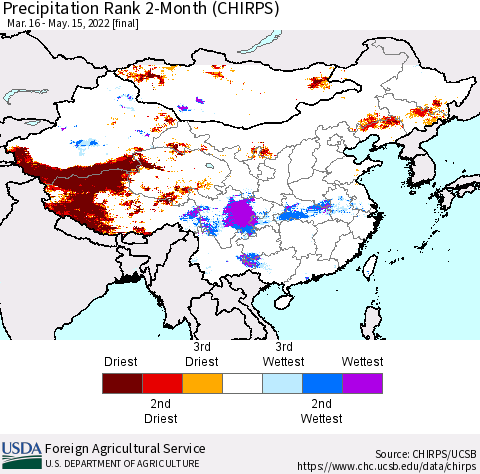 China, Mongolia and Taiwan Precipitation Rank since 1981, 2-Month (CHIRPS) Thematic Map For 3/16/2022 - 5/15/2022