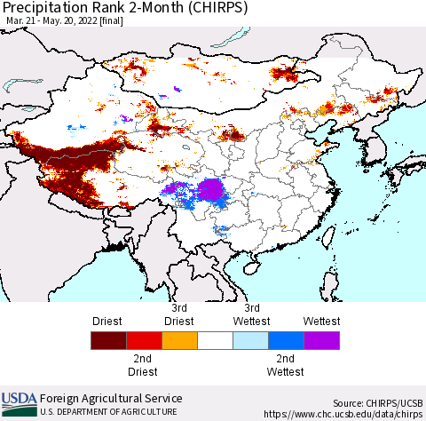 China, Mongolia and Taiwan Precipitation Rank since 1981, 2-Month (CHIRPS) Thematic Map For 3/21/2022 - 5/20/2022