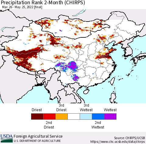 China, Mongolia and Taiwan Precipitation Rank since 1981, 2-Month (CHIRPS) Thematic Map For 3/26/2022 - 5/25/2022