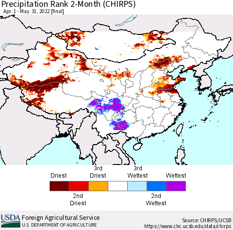 China, Mongolia and Taiwan Precipitation Rank since 1981, 2-Month (CHIRPS) Thematic Map For 4/1/2022 - 5/31/2022