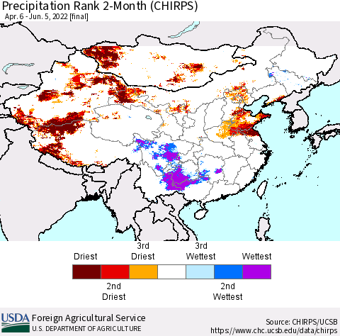 China, Mongolia and Taiwan Precipitation Rank since 1981, 2-Month (CHIRPS) Thematic Map For 4/6/2022 - 6/5/2022