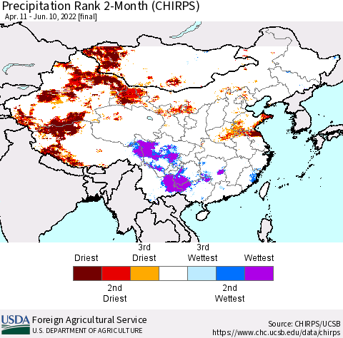 China, Mongolia and Taiwan Precipitation Rank since 1981, 2-Month (CHIRPS) Thematic Map For 4/11/2022 - 6/10/2022