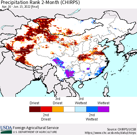 China, Mongolia and Taiwan Precipitation Rank since 1981, 2-Month (CHIRPS) Thematic Map For 4/16/2022 - 6/15/2022