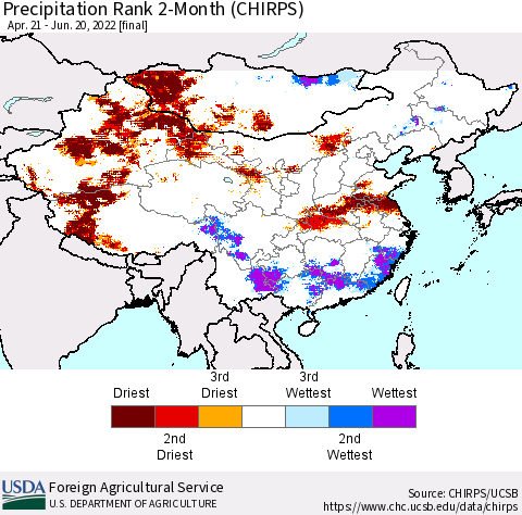 China, Mongolia and Taiwan Precipitation Rank since 1981, 2-Month (CHIRPS) Thematic Map For 4/21/2022 - 6/20/2022
