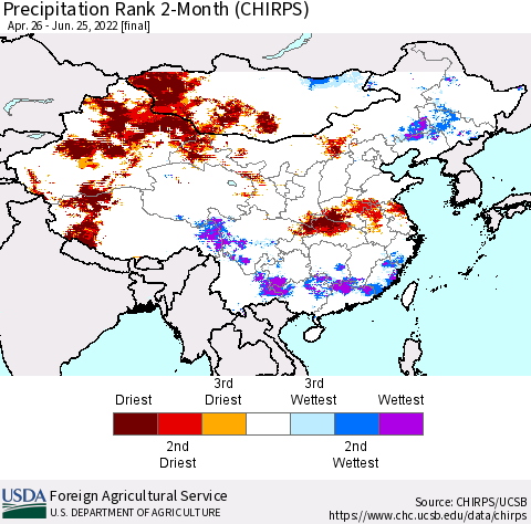 China, Mongolia and Taiwan Precipitation Rank since 1981, 2-Month (CHIRPS) Thematic Map For 4/26/2022 - 6/25/2022