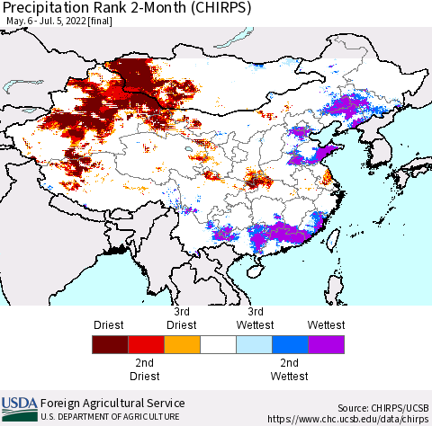 China, Mongolia and Taiwan Precipitation Rank since 1981, 2-Month (CHIRPS) Thematic Map For 5/6/2022 - 7/5/2022