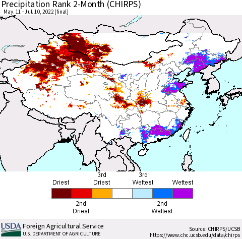 China, Mongolia and Taiwan Precipitation Rank since 1981, 2-Month (CHIRPS) Thematic Map For 5/11/2022 - 7/10/2022