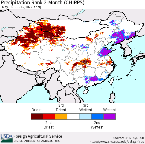 China, Mongolia and Taiwan Precipitation Rank since 1981, 2-Month (CHIRPS) Thematic Map For 5/16/2022 - 7/15/2022