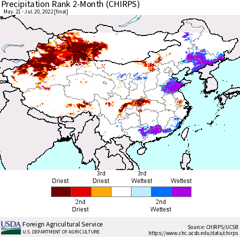 China, Mongolia and Taiwan Precipitation Rank since 1981, 2-Month (CHIRPS) Thematic Map For 5/21/2022 - 7/20/2022