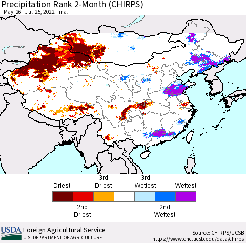 China, Mongolia and Taiwan Precipitation Rank since 1981, 2-Month (CHIRPS) Thematic Map For 5/26/2022 - 7/25/2022