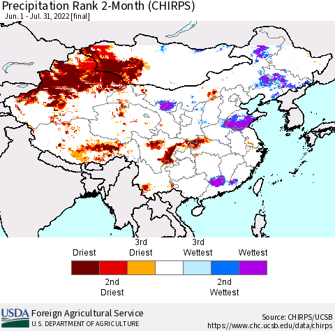 China, Mongolia and Taiwan Precipitation Rank since 1981, 2-Month (CHIRPS) Thematic Map For 6/1/2022 - 7/31/2022