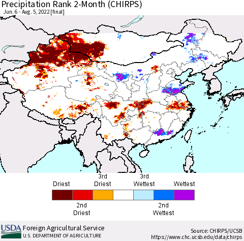 China, Mongolia and Taiwan Precipitation Rank since 1981, 2-Month (CHIRPS) Thematic Map For 6/6/2022 - 8/5/2022