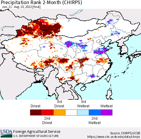China, Mongolia and Taiwan Precipitation Rank since 1981, 2-Month (CHIRPS) Thematic Map For 6/11/2022 - 8/10/2022