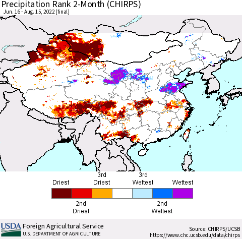 China, Mongolia and Taiwan Precipitation Rank since 1981, 2-Month (CHIRPS) Thematic Map For 6/16/2022 - 8/15/2022