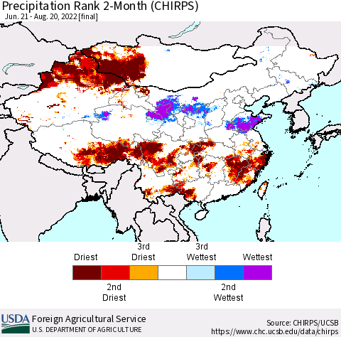 China, Mongolia and Taiwan Precipitation Rank since 1981, 2-Month (CHIRPS) Thematic Map For 6/21/2022 - 8/20/2022