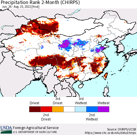 China, Mongolia and Taiwan Precipitation Rank since 1981, 2-Month (CHIRPS) Thematic Map For 6/26/2022 - 8/25/2022
