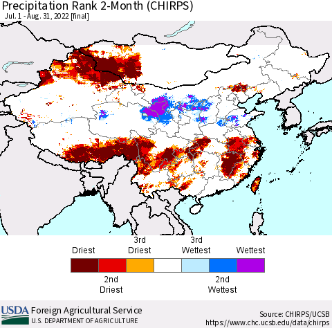 China, Mongolia and Taiwan Precipitation Rank since 1981, 2-Month (CHIRPS) Thematic Map For 7/1/2022 - 8/31/2022