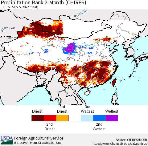 China, Mongolia and Taiwan Precipitation Rank since 1981, 2-Month (CHIRPS) Thematic Map For 7/6/2022 - 9/5/2022