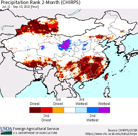 China, Mongolia and Taiwan Precipitation Rank since 1981, 2-Month (CHIRPS) Thematic Map For 7/11/2022 - 9/10/2022