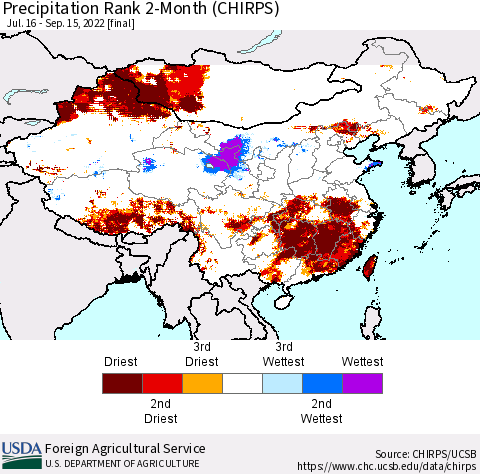 China, Mongolia and Taiwan Precipitation Rank since 1981, 2-Month (CHIRPS) Thematic Map For 7/16/2022 - 9/15/2022