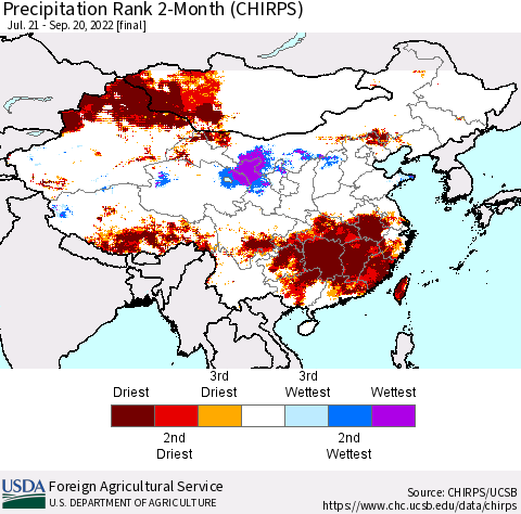 China, Mongolia and Taiwan Precipitation Rank since 1981, 2-Month (CHIRPS) Thematic Map For 7/21/2022 - 9/20/2022