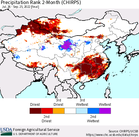 China, Mongolia and Taiwan Precipitation Rank since 1981, 2-Month (CHIRPS) Thematic Map For 7/26/2022 - 9/25/2022