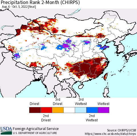 China, Mongolia and Taiwan Precipitation Rank since 1981, 2-Month (CHIRPS) Thematic Map For 8/6/2022 - 10/5/2022