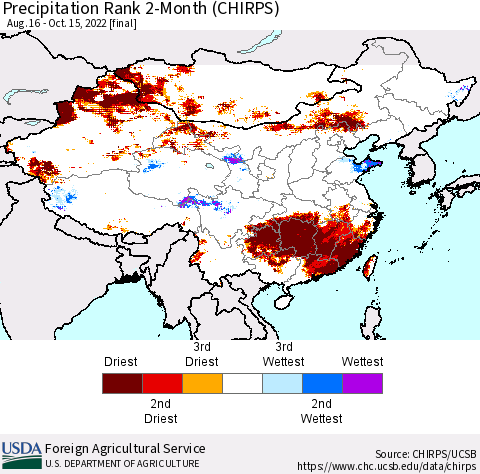 China, Mongolia and Taiwan Precipitation Rank since 1981, 2-Month (CHIRPS) Thematic Map For 8/16/2022 - 10/15/2022