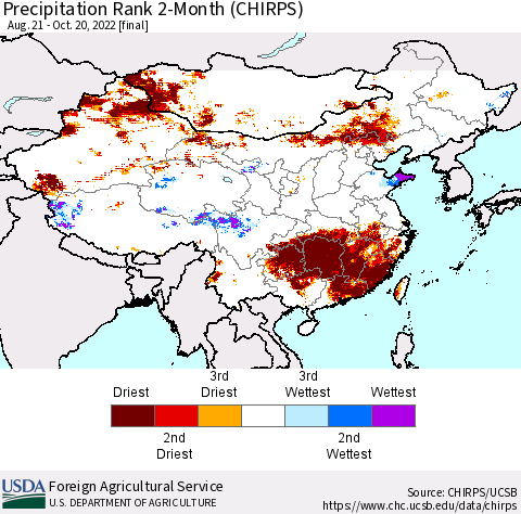 China, Mongolia and Taiwan Precipitation Rank since 1981, 2-Month (CHIRPS) Thematic Map For 8/21/2022 - 10/20/2022