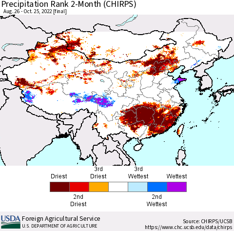 China, Mongolia and Taiwan Precipitation Rank since 1981, 2-Month (CHIRPS) Thematic Map For 8/26/2022 - 10/25/2022