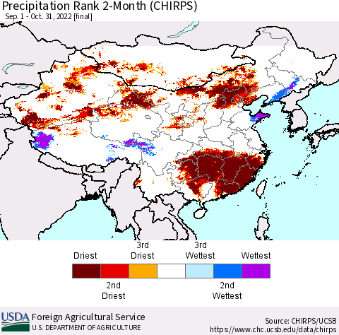 China, Mongolia and Taiwan Precipitation Rank since 1981, 2-Month (CHIRPS) Thematic Map For 9/1/2022 - 10/31/2022