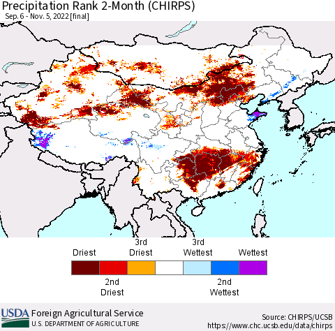 China, Mongolia and Taiwan Precipitation Rank since 1981, 2-Month (CHIRPS) Thematic Map For 9/6/2022 - 11/5/2022