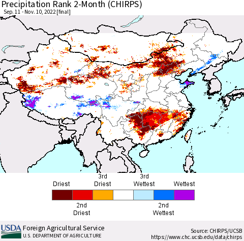 China, Mongolia and Taiwan Precipitation Rank since 1981, 2-Month (CHIRPS) Thematic Map For 9/11/2022 - 11/10/2022