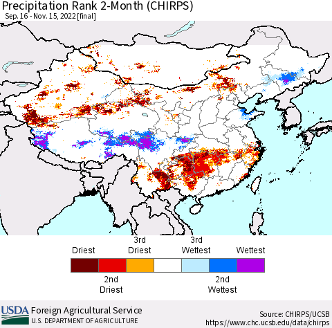 China, Mongolia and Taiwan Precipitation Rank since 1981, 2-Month (CHIRPS) Thematic Map For 9/16/2022 - 11/15/2022