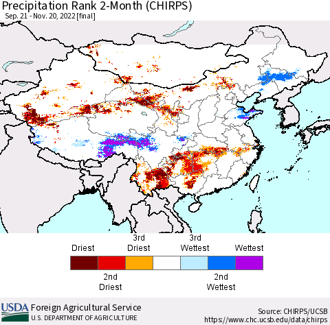 China, Mongolia and Taiwan Precipitation Rank since 1981, 2-Month (CHIRPS) Thematic Map For 9/21/2022 - 11/20/2022