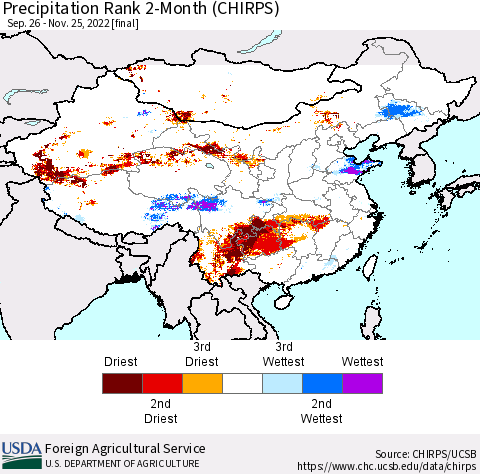China, Mongolia and Taiwan Precipitation Rank since 1981, 2-Month (CHIRPS) Thematic Map For 9/26/2022 - 11/25/2022