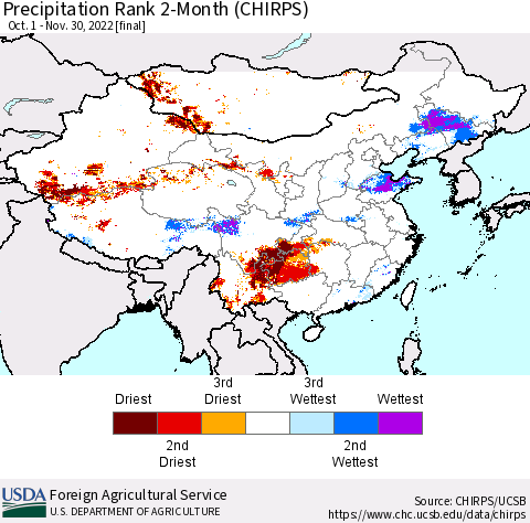 China, Mongolia and Taiwan Precipitation Rank since 1981, 2-Month (CHIRPS) Thematic Map For 10/1/2022 - 11/30/2022