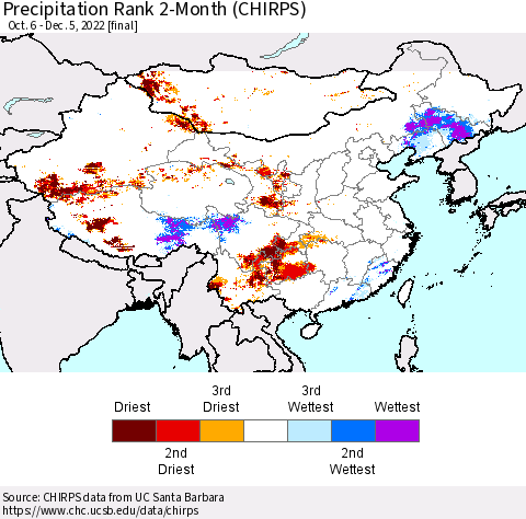 China, Mongolia and Taiwan Precipitation Rank since 1981, 2-Month (CHIRPS) Thematic Map For 10/6/2022 - 12/5/2022