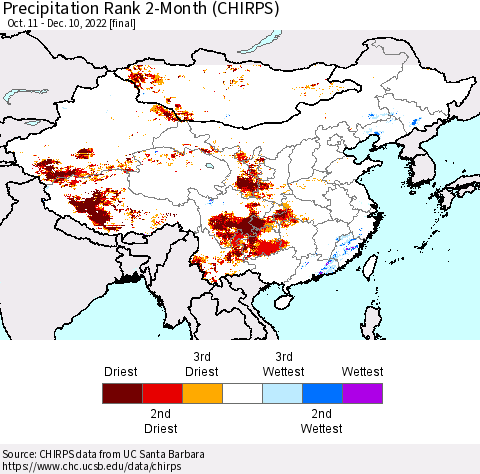 China, Mongolia and Taiwan Precipitation Rank since 1981, 2-Month (CHIRPS) Thematic Map For 10/11/2022 - 12/10/2022