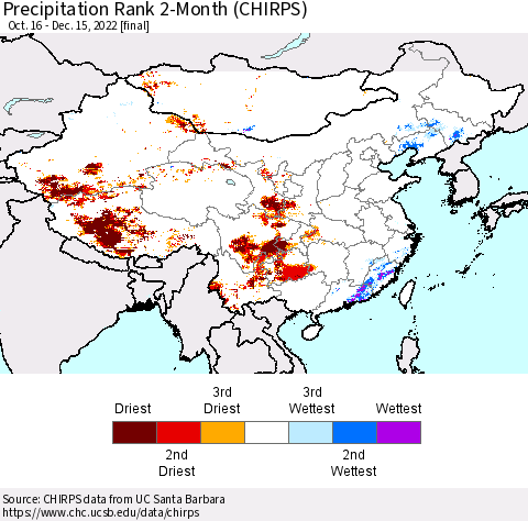 China, Mongolia and Taiwan Precipitation Rank since 1981, 2-Month (CHIRPS) Thematic Map For 10/16/2022 - 12/15/2022