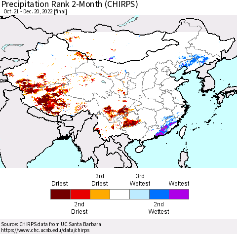 China, Mongolia and Taiwan Precipitation Rank since 1981, 2-Month (CHIRPS) Thematic Map For 10/21/2022 - 12/20/2022