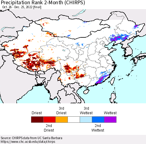China, Mongolia and Taiwan Precipitation Rank since 1981, 2-Month (CHIRPS) Thematic Map For 10/26/2022 - 12/25/2022