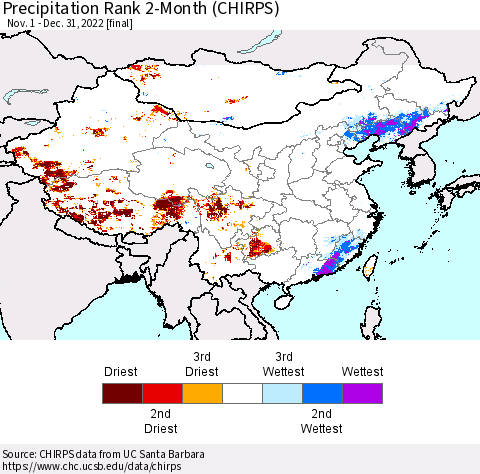 China, Mongolia and Taiwan Precipitation Rank since 1981, 2-Month (CHIRPS) Thematic Map For 11/1/2022 - 12/31/2022