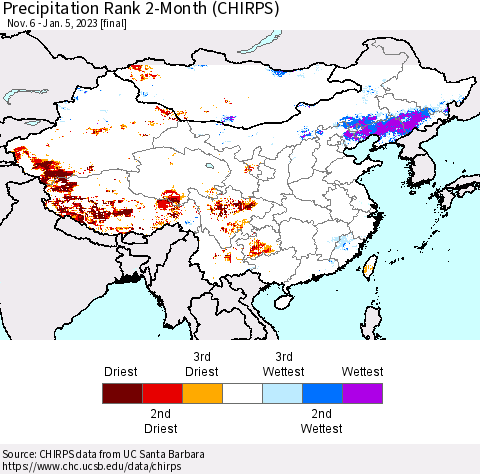 China, Mongolia and Taiwan Precipitation Rank since 1981, 2-Month (CHIRPS) Thematic Map For 11/6/2022 - 1/5/2023