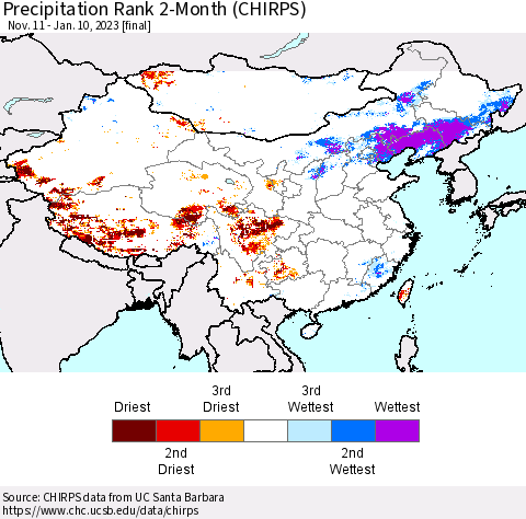 China, Mongolia and Taiwan Precipitation Rank since 1981, 2-Month (CHIRPS) Thematic Map For 11/11/2022 - 1/10/2023
