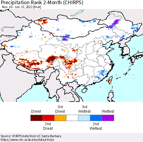 China, Mongolia and Taiwan Precipitation Rank since 1981, 2-Month (CHIRPS) Thematic Map For 11/16/2022 - 1/15/2023