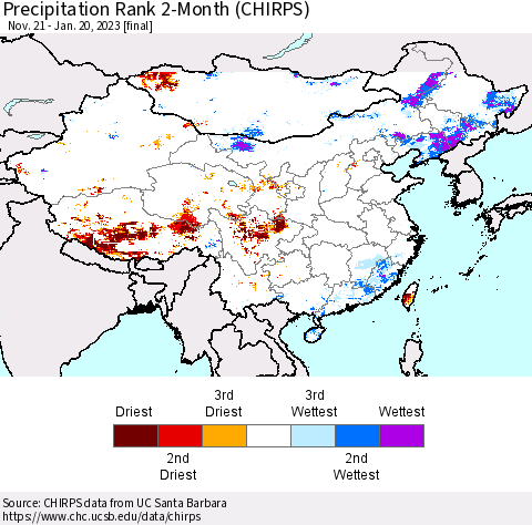 China, Mongolia and Taiwan Precipitation Rank since 1981, 2-Month (CHIRPS) Thematic Map For 11/21/2022 - 1/20/2023