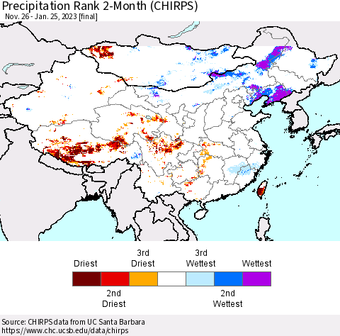 China, Mongolia and Taiwan Precipitation Rank since 1981, 2-Month (CHIRPS) Thematic Map For 11/26/2022 - 1/25/2023