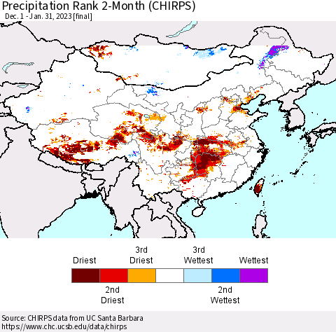 China, Mongolia and Taiwan Precipitation Rank since 1981, 2-Month (CHIRPS) Thematic Map For 12/1/2022 - 1/31/2023